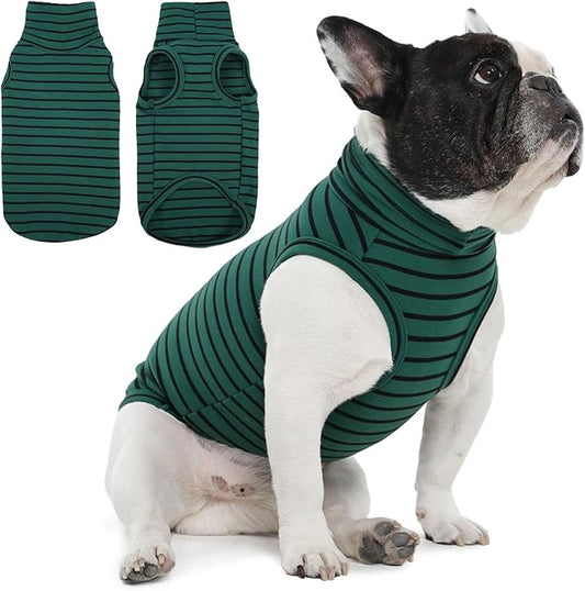 IECOii Small Dog Sweater,Stretch Fleece Vest - Medium,Green Stripes,Warm Pullover for Winter Spring Fall, Soft Lightweight Dog Sweatshirt Indoor Outdoor Clothes,Turtleneck for Small Medium Dogs Girl
