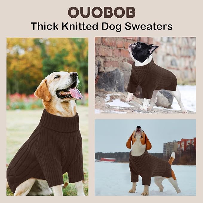 Medium Dog Sweater, Warm Winter Dog Sweaters, Turtleneck Dog Knitwear, Doggie Christmas Sweater, Pet Sweatshirt Clothes Knit French Bulldog, Beagle (Brown M)