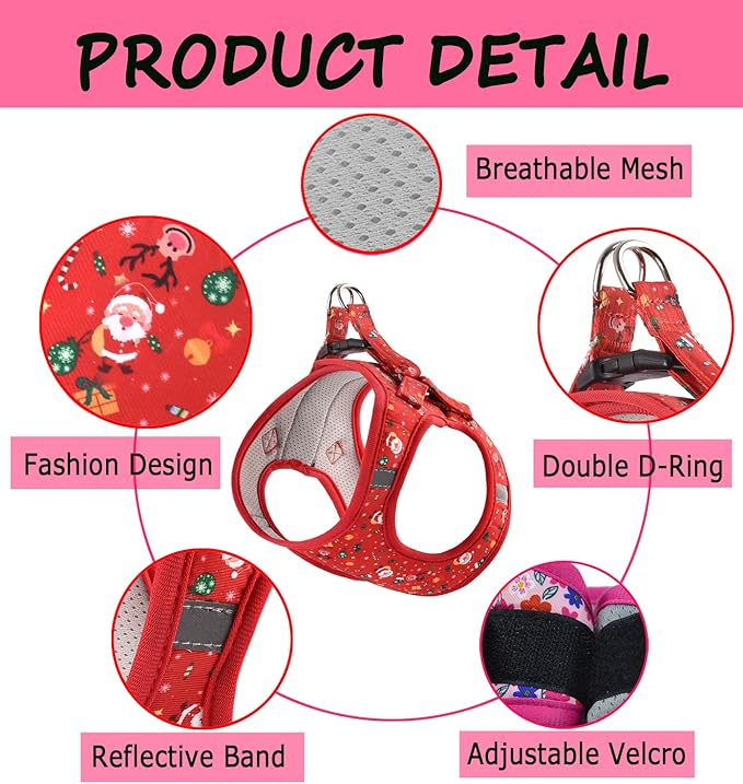 Moonpet Step in Christmas Xmas Day Dog Harness Leash Set- All Weather Reflective No-Pull Floral Pattern Padded Mesh Vest Harness for Cats Puppy Extra-Small Small Medium Large Dogs - XL