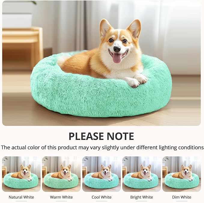 JOLLYVOGUE Small Dog & Cat Beds for Indoor Cats, Donut Cuddler Warming Soft Dog Beds with Anti-Slip Bottom, Round Calming Fluffy Plush Faux Fur Cushion Bed for Medium Dogs (31", Mint Green)
