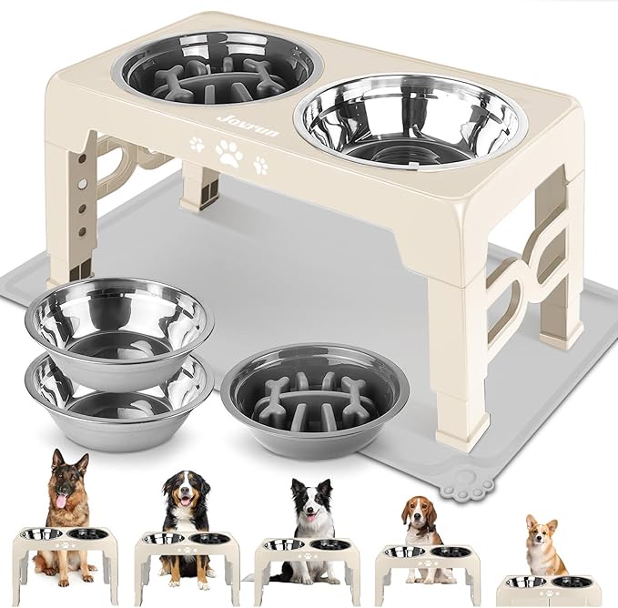 Elevated Dog Bowls, Dog Feeder with Stainless Steel Dishes & Slow Feeder Bowl, 5 Heights Adjustable Raised Stand for Medium Large, Food Dishes with Non-Slip Feet