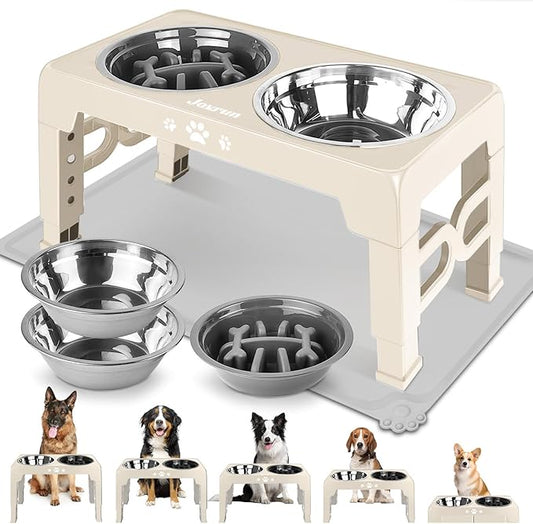 Elevated Dog Bowls, Dog Feeder with Stainless Steel Dishes & Slow Feeder Bowl, 5 Heights Adjustable Raised Stand for Medium Large, Food Dishes with Non-Slip Feet