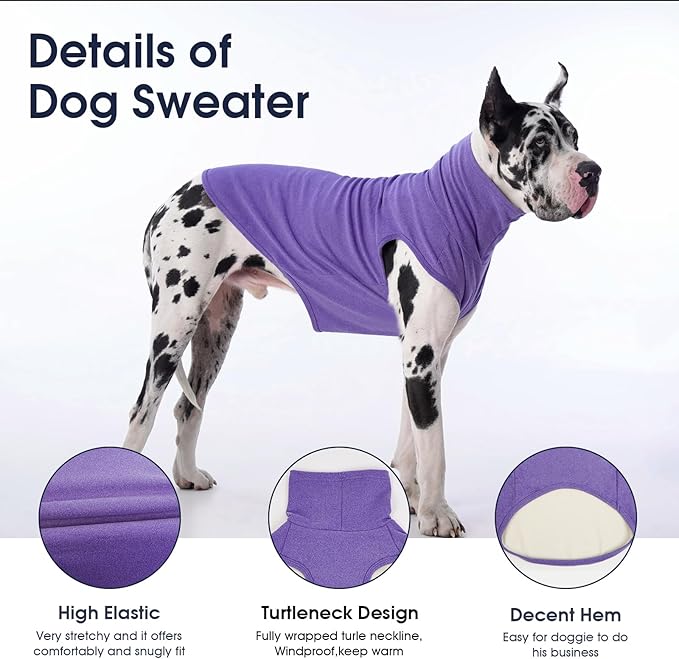 IECOii XXL Dog Sweater - Stretch Fleece Vest with Turtleneck,Purple,XX-Large,Warm Christmas Winter Pullover for Large Dogs Like Pitbulls, Turtleneck Dog Fleece Sweater Coat Cozy Pet Pajamas Sweatshirt