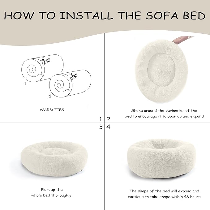 30'' inch Calming Dog Bed, Anti-Anxiety Donut Small Medium Dog Bed, Warming Cozy Soft Cute Round Washable, Marshmallow Cuddler Nest Puppy Dogs and Cats Bed, White