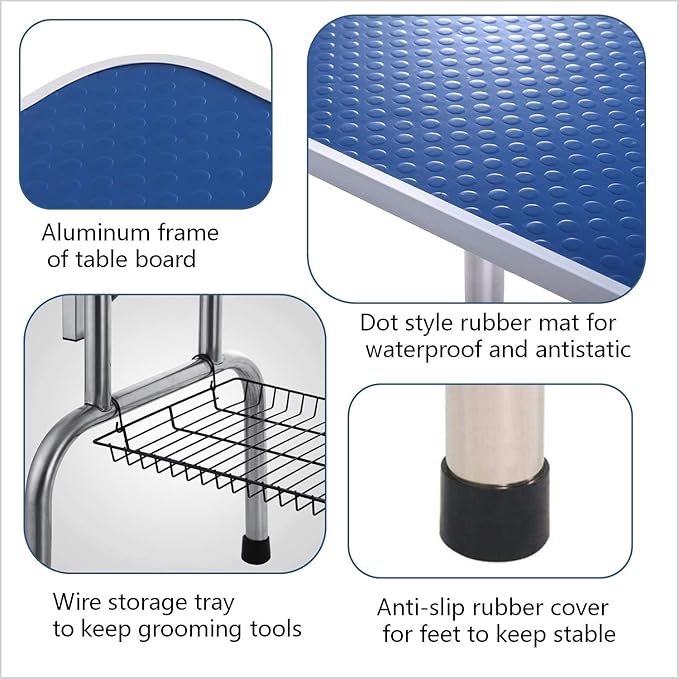 Pet Dog Grooming Table, Adjustable Large Heavy Duty Professional Foldable Trimming Stage with Arms, Noose, Mesh Tray, Maximum Capacity Up to 330LBS, 42''/Blue