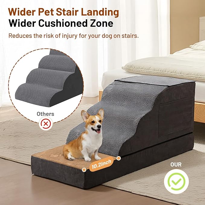 6-Step Dog Stairs for Bed & Couch – H Pet Steps for Puppy & Older Dog, Non-Slip Pet Ramp with Wide Pedals, Sturdy Indoor Dog Ladder for High Furniture 43.3" L x 19.68" W x 29.53" H Grey