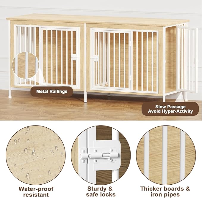 EasyCom Dog Crate Furniture for 1 or 2 Dogs, Heavy Duty Single/Double Dog Crates for Small/Medium/Large Dogs, Dog Kennel Furniture Indoor as TV Stand, Medium Size 63" L(20-35 Pounds), Off White