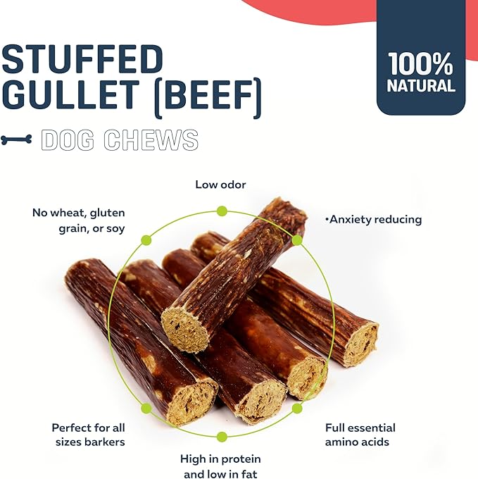 Big Lu - 6-Inch Stuffed Beef Jerky Sticks, 10 Count, Premium All-Natural Gullet Chews, High-Protein, Easily Digestible, Supports Dental Health and Joint Mobility