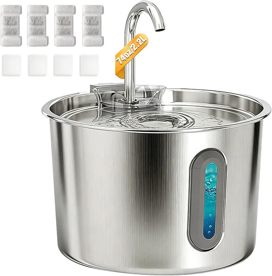 Cat Water Fountain, 74oz/2.2L Cat Fountain for Drinking - Pet Water Fountain Stainless Steel for Cats Inside - Quiet Water Bowl Dispenser - Kitty Drinking Fountains - 4 Filters + 4 Sponges