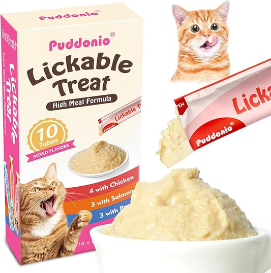 Puddonio High-Meat Lickable Cat Treats, Grain & Gum Free, No Additives, All-Natural High Protein Puree, 0.5oz Tubes (Pack of 10)