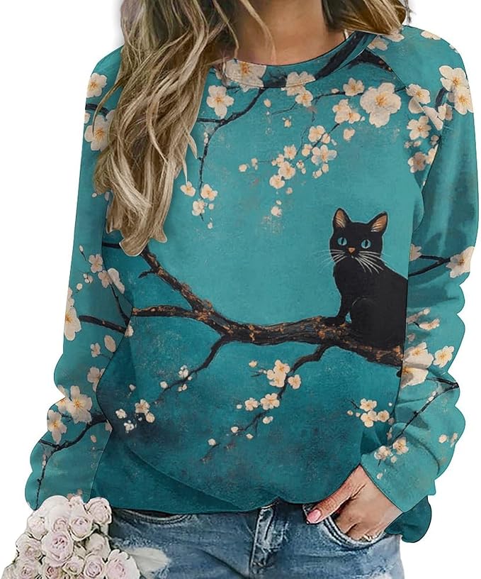 Womens novelty funny cat printed crewneck sweatshirt casual loose long sleeve graphic pullover sweatshirts tops