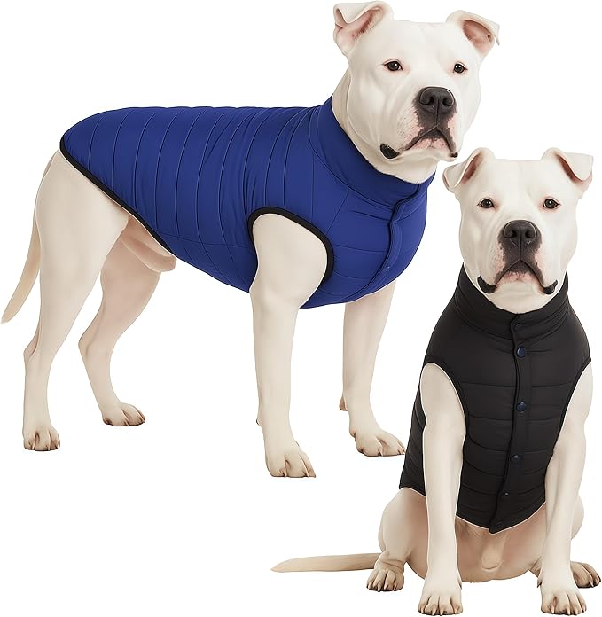 LovinPet Reversible Dog Puffer Coat for Medium & Large Dogs, Down‑Insulated Winter Jacket, Water‑Resistant & Wind‑Resistant, Anti‑Static, Dual-Sided Blue & Black for Cold Weather,3XL