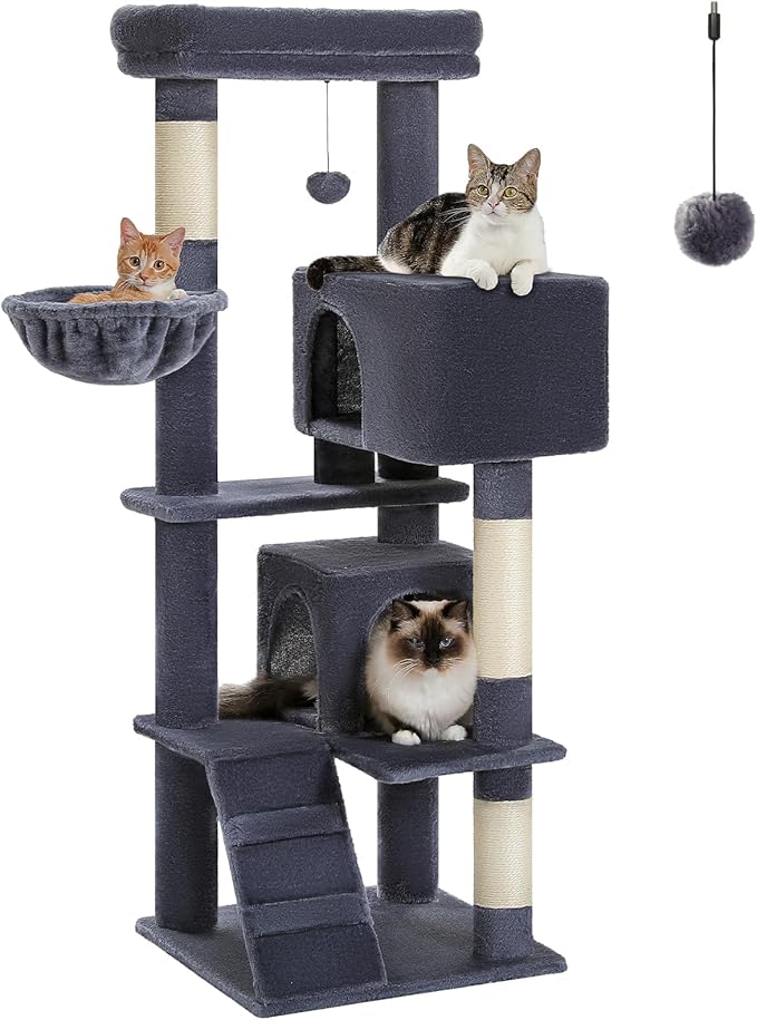 Cat Tree for Indoor Cats, 2 Cozy Condos with Spacious Top Perch, 56.3-Inch Multi-Level Cat Tower with Scratching Posts, 2 Caves, Plush Hammock and Climbing Ramp, Dark Grey