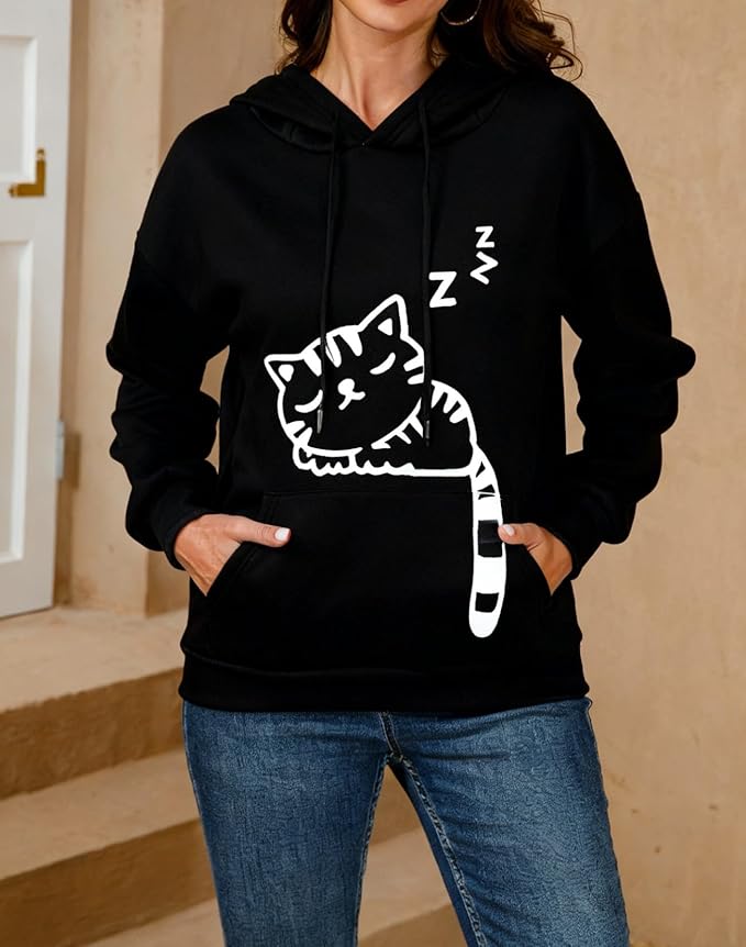 Women Girl Hoodies Cute Cat Ear Novelty Printed Pullover Sweatshirt