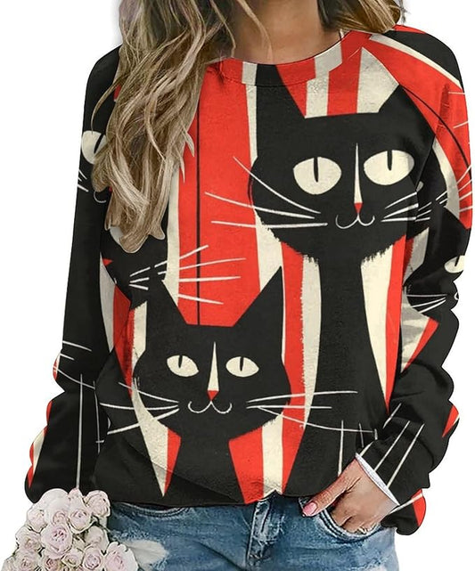 Biacolum Long Sleeve Shirts for Women Mid Century Retro Style Atomic Cat 3D Graphic Sweatshirts Fall Crewneck Pullover Top