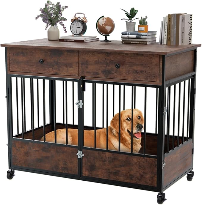 44.5" Dog Crate Furniture, Wooden Dog Kennel with Storage Drawers, Large Dog Cage with Wheels, Heavy Duty Wooden Dog Crate End Table with Steel Tubes for Big Breed