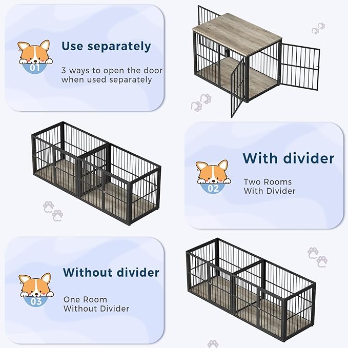 Lyromix 86.62''Dog Crate Furniture Large Breed TV Stand with Double Rooms,Wooden Dog Kennel Dog Crate End Table with Removable Divider for Large Medium Dogs, Can Use Separately