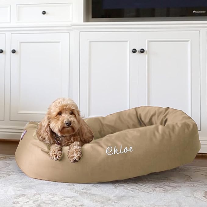 Majestic Pet Personalized 52 Inch Bagel Calming Dog Bed Washable – Cozy Soft Round Dog Bed with Spine Support for Dogs to Rest Their Head - Fluffy Donut Dog Bed 52x35x11 (Inch) - X-Large – Khaki