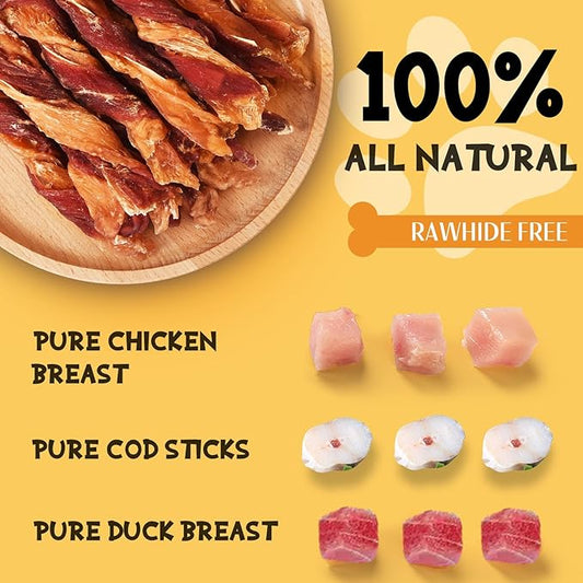 ASMPET Dog Jerky Treats, Triple Flavor Chicken Duck Cod Jerky Twists for Small Medium Large Dogs 10.6 oz