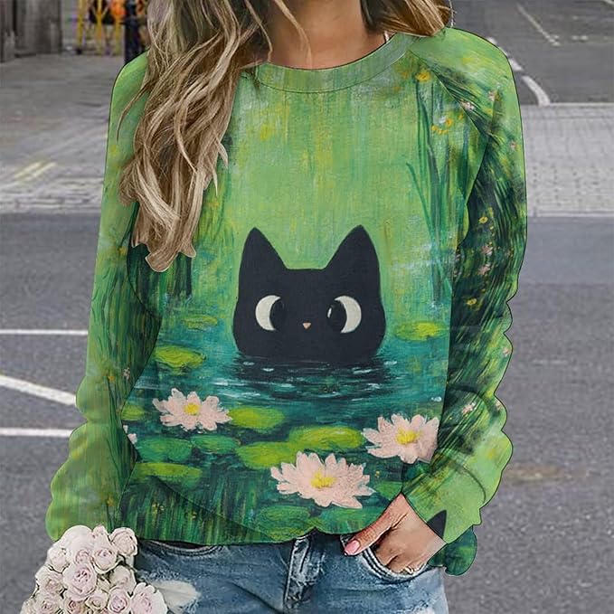 Womens novelty funny cat printed crewneck sweatshirt casual loose long sleeve graphic pullover sweatshirts tops