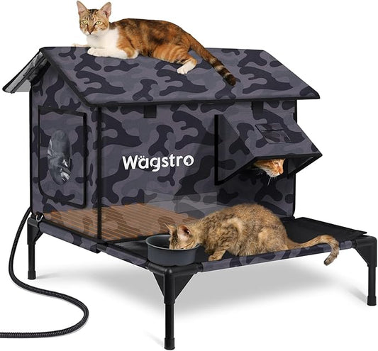 Large Heated Cat House for Outside with Dampless Deck, Highly Elevated, Exit-Only Door, Waterproof Insulated Outdoor Cat Shelter for Feral Stray Barn Cat