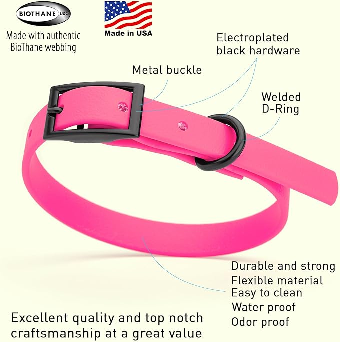 Dogline Biothane Coated Webbing Dog Collar with Black Metal Hardware: Durable Easy-Clean Everyday Collar for Dogs - Comfortable Adjustable Odor-Resistant Pet Collar, W1/2" x L9-12, Passionfruit Pink