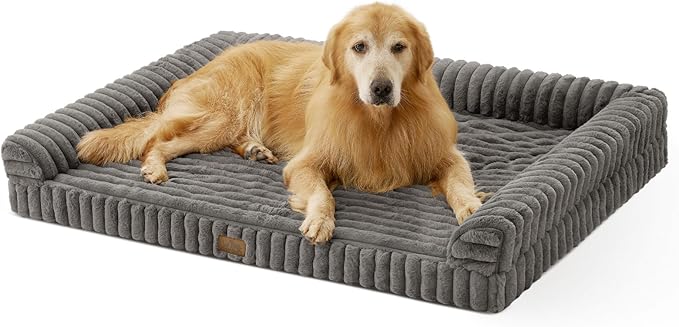 Cute Dog Bed for Extra Large Dogs, Faux Fur Orthopedic Foam Dog Bed with Sides, Removable Washable Cover & Waterproof Lining, Comfortable Pet Couch, Grey (48" L x 35" W x 7.5" Th)