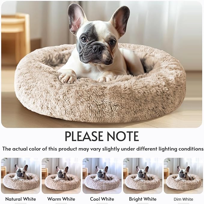 JOLLYVOGUE Small Dog & Cat Beds for Indoor Cats, Donut Cuddler Warming Soft Dog Beds with Anti-Slip Bottom, Round Calming Fluffy Plush Faux Fur Cushion Bed for Medium Dogs (27")