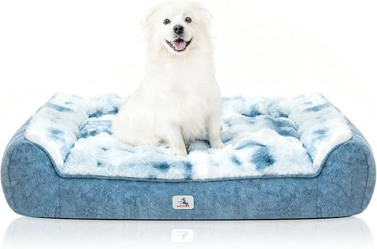 Orthopedic Dog Bed for Large Dogs - 42" Faux Fur Pet Couch with Removable Washable Cover, Nonskid Bottom, Supportive Foam, Comfortable Dog Sofa Bed for Medium Large Dogs, Tie-Dyed Blue