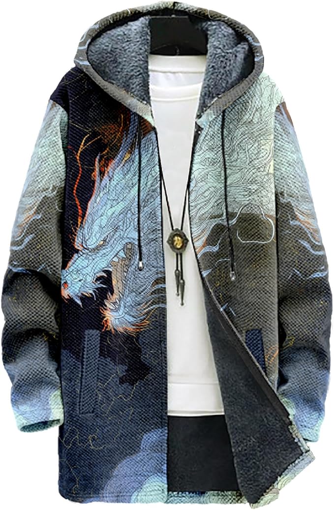 MARSVOVO Cool Hippie Long Cardigan Hoodies for Men Zipper Fleece Lined Knit Coat Skull Animal Print Graphic Jackets