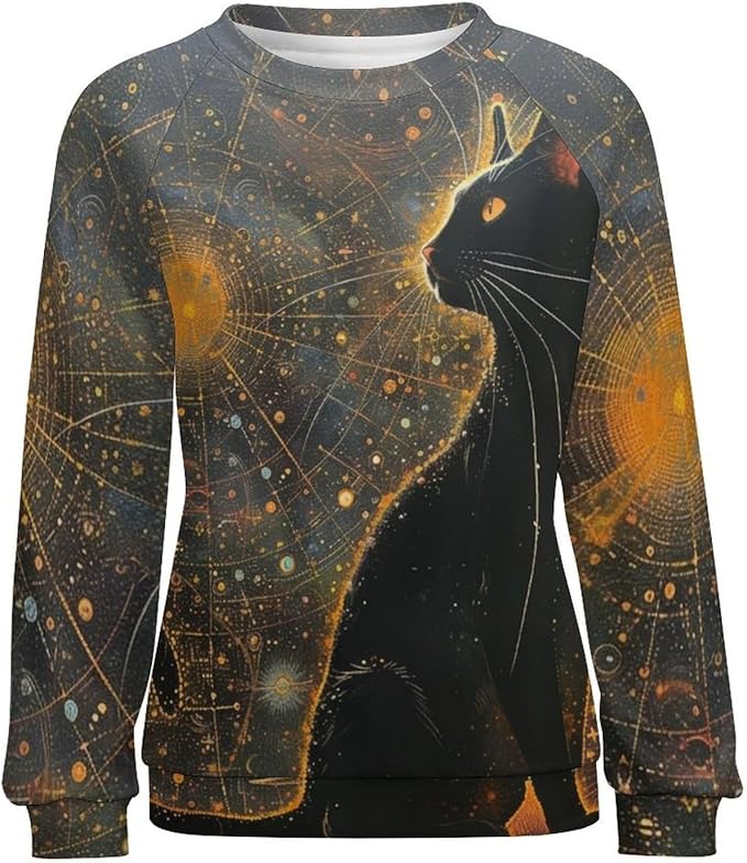 Biacolum Long Sleeve Shirts for Women Mid Century Retro Style Atomic Cat 3D Graphic Sweatshirts Fall Crewneck Pullover Top