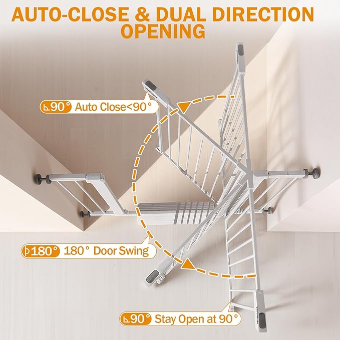 Baby Gate for Stairs, 29.7-43" Auto Close Dog Gate for Doorways & Hallways, Pressure Mounted Pet Gate with Walk Thru Door, Easy Install Safety Gate for Children & Pets, No Drilling, Dual-Lock Design