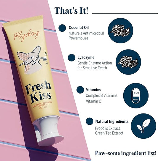 FlyDog Fresh Kiss Dog Tooth Brushing Kit - Vet Approved Formula, Enzymatic Dog Toothpaste and Brush - Breath Freshener & Tartar Remover, 360° Toothbrush & Finger Brush, Dental Guide, Peanut Butter