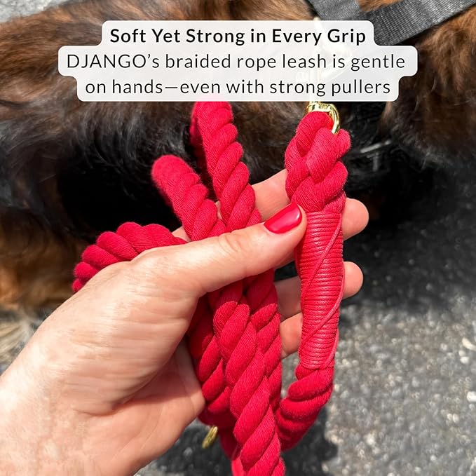 DJANGO Cotton Rope Dog Leash 5ft – Handcrafted Dog Leash and Red Braided Leash for Small, Medium, and Large Dogs – Durable 5 Foot Training Lead with Gold Hardware – Crimson Red