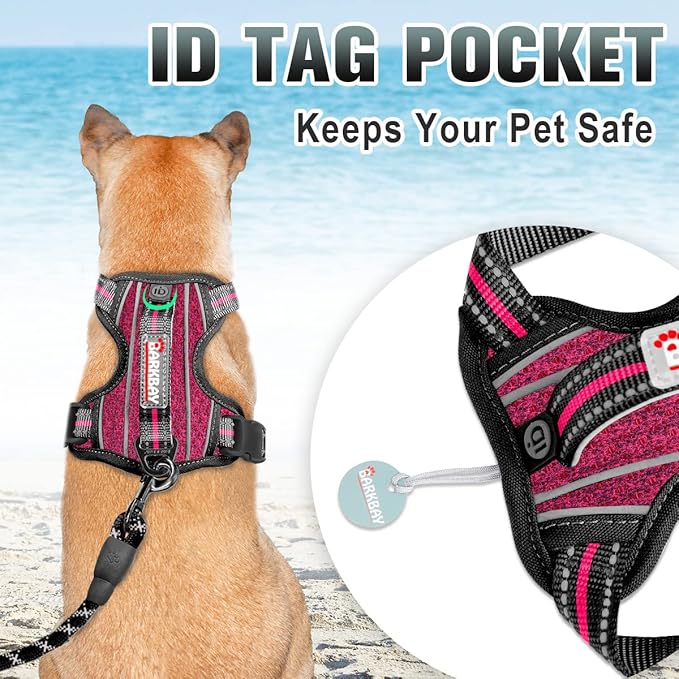 BARKBAY No Pull Dog Harness Large Reflective Dog Harness with Front Clip and Easy Control Handle for Walking Training Running with ID tag Pocket(Pink/Black,XL)