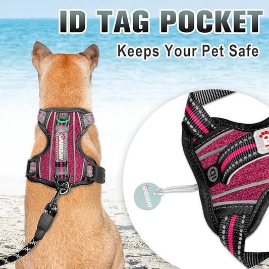BARKBAY No Pull Dog Harness Large Reflective Dog Harness with Front Clip and Easy Control Handle for Walking Training Running with ID tag Pocket(Pink/Black,M)