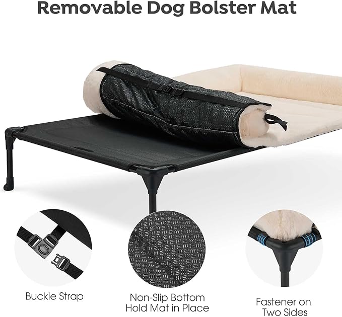 Veehoo Cooling Elevated Dog Bed with Fluffy Plush Bolster Cushion, Indoor Raised Dog Beds for Large Dogs, Soft Pet Sofa Cot with Removable Washable Mat, No-Slip Feet, 42 x 30 inches, Cream White
