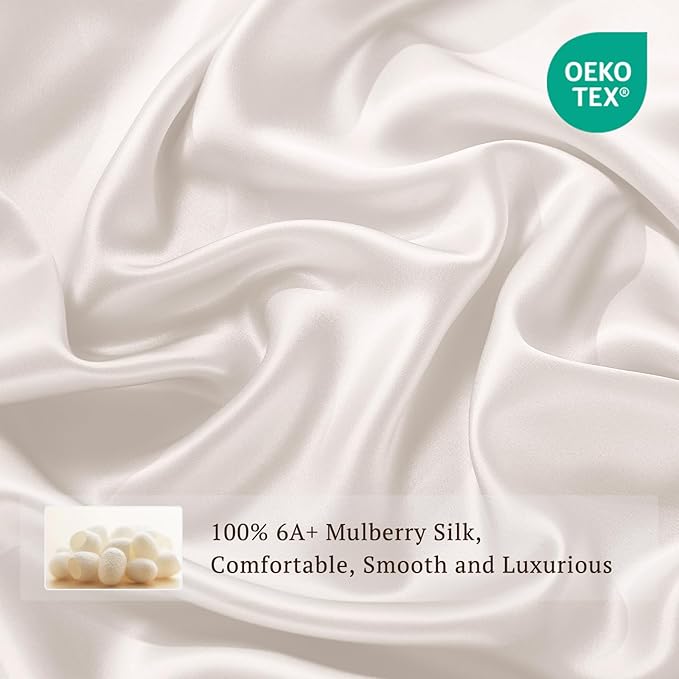 THXSILK Silk Sheet Set 4Pcs, 6A+ Top Grade 100% Natural Mulberry Silk Bed Sheets, Luxury Bedding Sets Ultra Soft Durable, 1 Fitted Sheet, 1 Flat Sheet and 2 Pillow Shams (Cal. King, Pearl White)