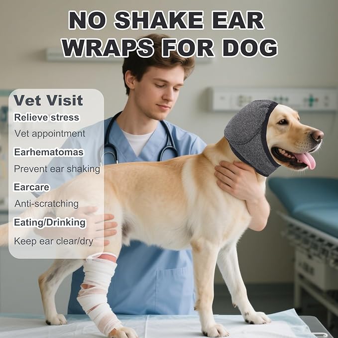 Dog Ear Muffs No Shake Ear Wraps for Dogs Ear Protection for Noise & Anxiety Relief Comfort Calming Hoodie, Protection Firework Grooming Bathing and Force Drying (Grey S)