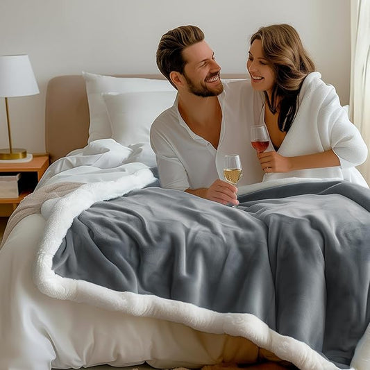Waterproof Queen Size Blanket - Sherpa Fleece Reversible Throw, Soft Warm Leak-Proof Bed & Couch Protector for Kids, Pets & Everyday Spills (Velvet Gray/Cloud White, Queen 90x90)