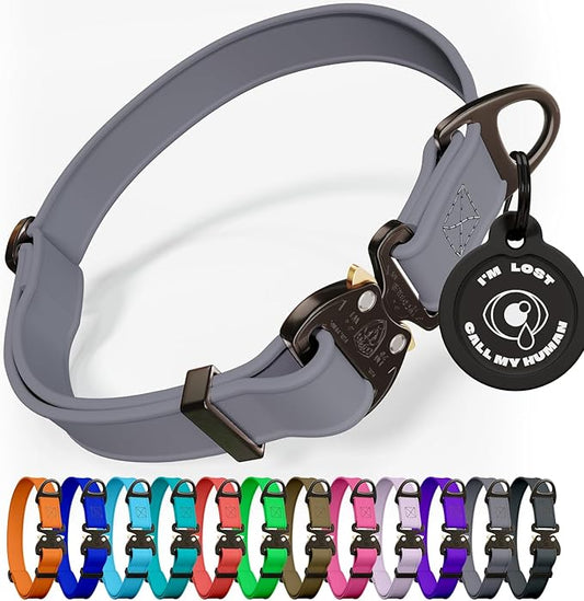 Biothane Dog Collar with Cobra Buckle - USA Made - QR Code Dog Tag - Adjustable Heavy Duty Collar for Medium to Large Dogs - Waterproof Military Grade Tactical
