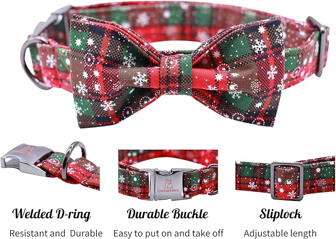 Lionheart glory Christmas Plaid Dog Collar Adjustable Soft Dog Collar with Bowtie, Pet Gift Dog Collars Bow for Small Medium Large Dogs
