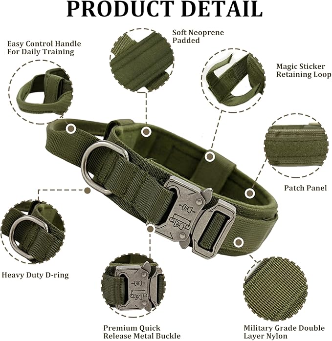 Tactical Dog Collar with Handle - Military Adjustable Dog Training Collar Soft Nylon and Heavy Duty Metal Buckle for Medium Large Dogs - with Patch (Green, Large)