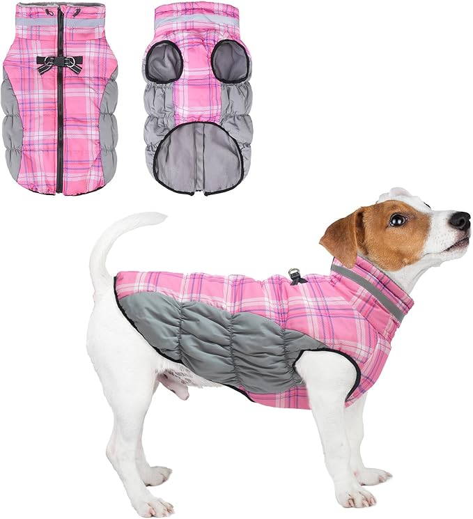BEAUTYZOO Dog Winter Coat with Harness Built in, Reflective Plaid Puffer Vest Waterproof for Small Dogs, Fleece Warm Puppy Zipped Jacket with D Ring, Pet Cold Weather Sweater Clothes, Pink S