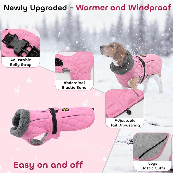 Dog Coat Winter, Waterproof Quilted Dog Jacket for Cold Weather, Reflective Adjustable Puppy Winter Coat, Warm Turtle-Neck Pet Fleece Snow Jacket for XX-Large Dogs, NewPink XXL