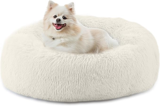 23'' inch Calming Dog Bed, Anti-Anxiety Donut Small Dog Bed, Warming Cozy Soft Cute Round Washable, Marshmallow Cuddler Nest Puppy Dogs and Cats Bed, White