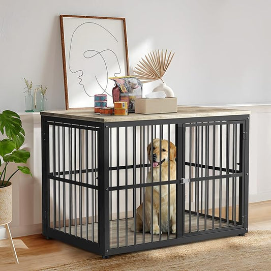 Lyromix 43'' Dog Crate Furniture with 3 Doors, XL Wooden Crate End Table, Heavy Duty Indoor Puppy Cage Kennel for Medium to Large Dogs, Multiple Units Can be Combined