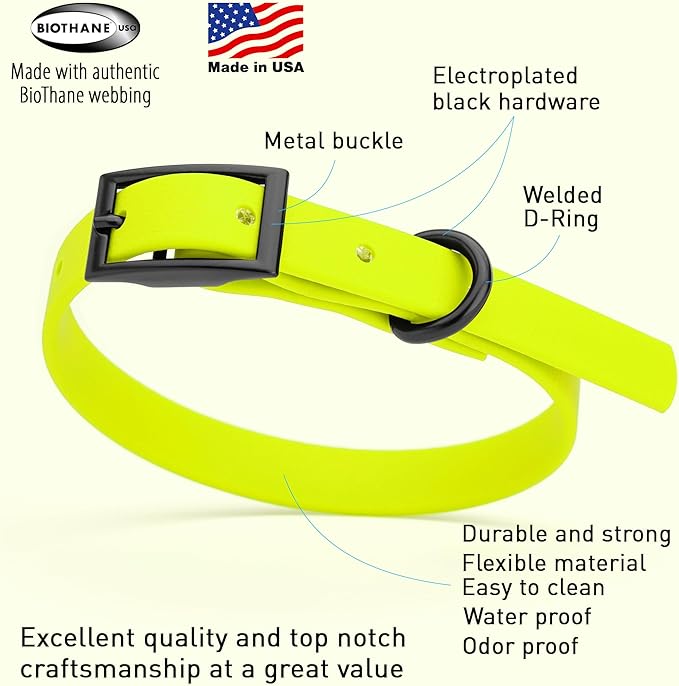 Dogline Biothane Coated Webbing Dog Collar with Black Metal Hardware: Durable Easy-Clean Everyday Collar for Dogs - Comfortable Adjustable Odor-Resistant Pet Collar, W1/2" x L9-12, Safety Yellow