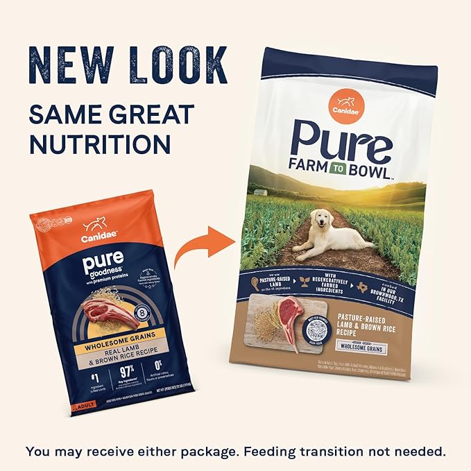 CANIDAE Pure Farm to Bowl Pasture-Raised Lamb & Brown Rice Dog Food, Adult Dog Food, 22lb