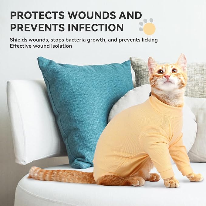 T'CHAQUE Cat Surgery Recovery Suit, Anti-Licking Onesie for Post-Spay/Neuter Abdominal Wound, Cat Recovery Suit with Adjustable Drawstring Collar - Long Sleeve Kitten Surgical Onesie, Orange, M
